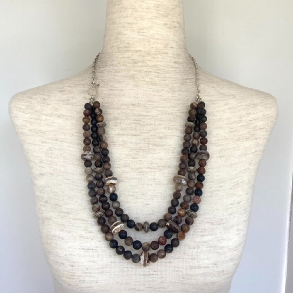 Sterling Silver 925 Tiered Brown Jasper Agate Layered 3 Strand Beaded Necklace